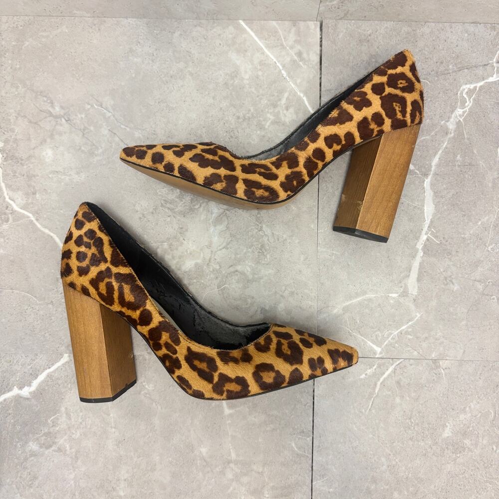 Leopard Cow Hair Pumps Pointed Toe Chunky Block Heel Y2K Office Siren 7.5M